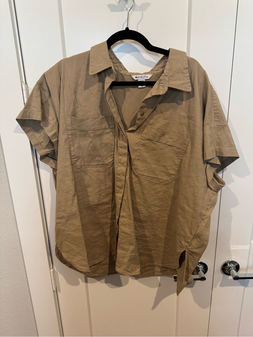 Athleta Short-Sleeve Button Shirt in Khaki